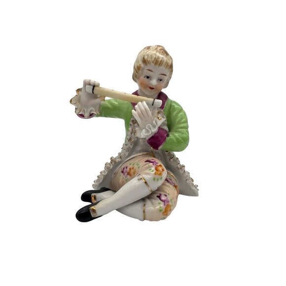 Vintage Porcelain Figurine Seated Musician Boy Playing Flute 5" Tall - Picture 1 of 7